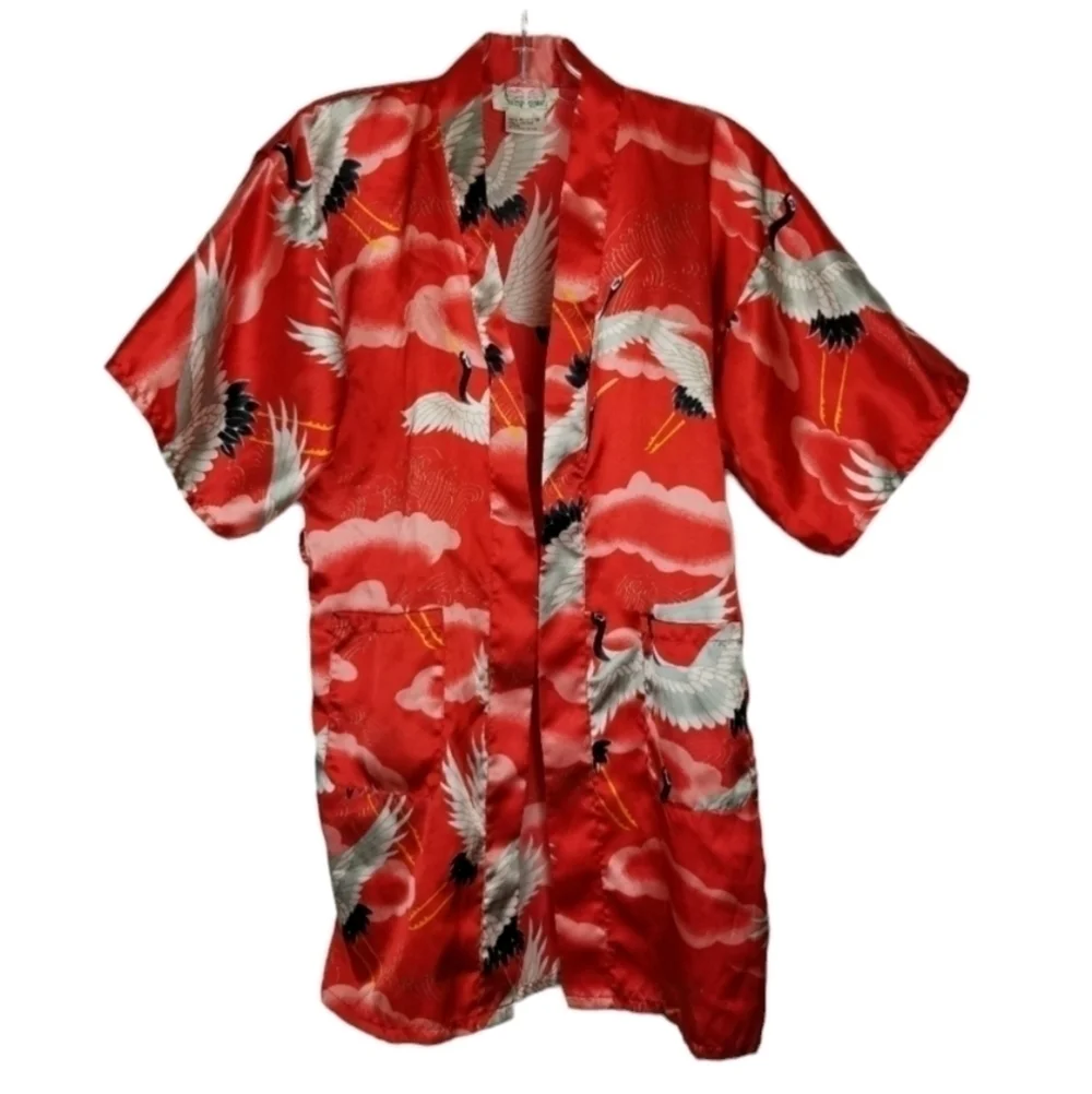 Vintage Kimono Robe Jacket Asian Bird Print Shiny Red White Clouds Missing Belt